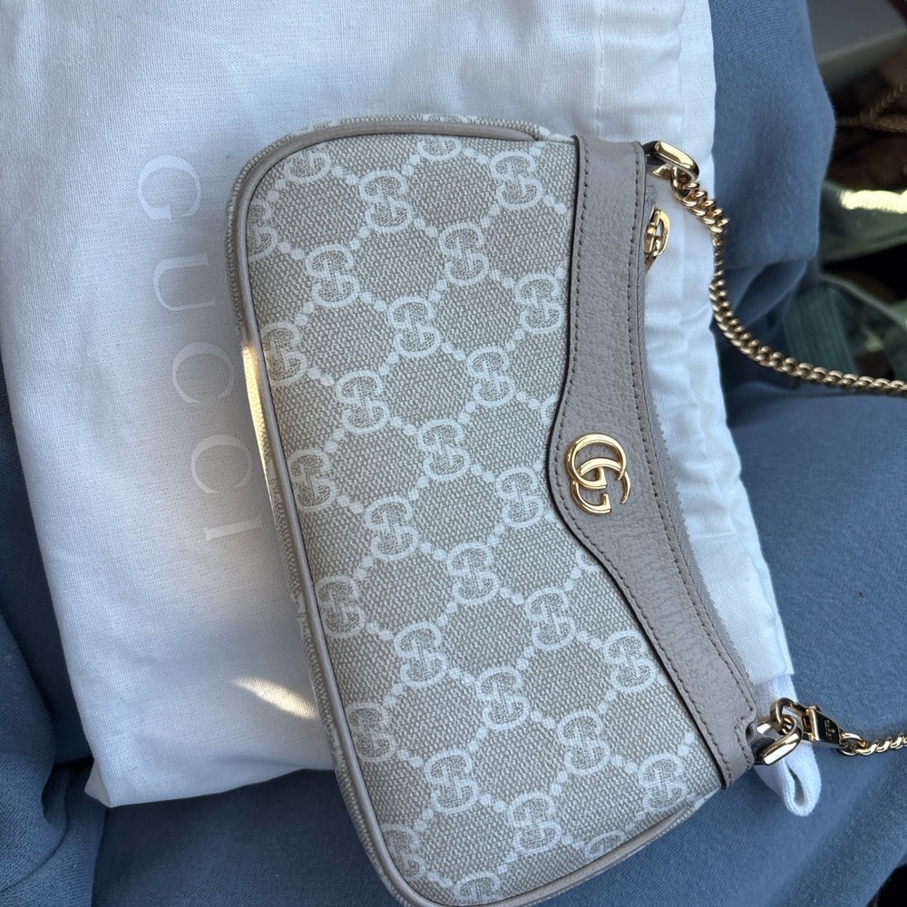 Gucci Gray Monogram Clutch with Gold Chain
